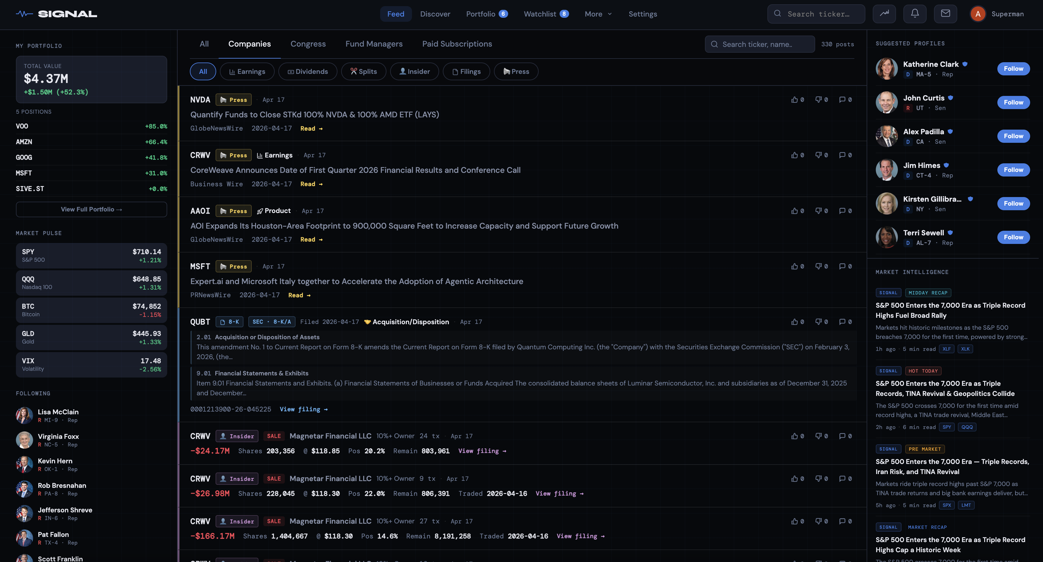 Signal — companies feed: 8-K filings, press releases, insider activity